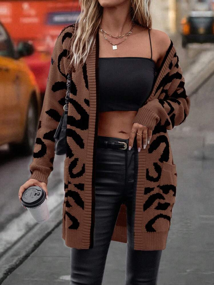 EMERY ROSE Women's Long Sleeve Leopard Print Casual Loose Cardigan , Brown Cardigans In Women,Long Sleeve Tops Fall Winter Cloth For Women | SHEIN