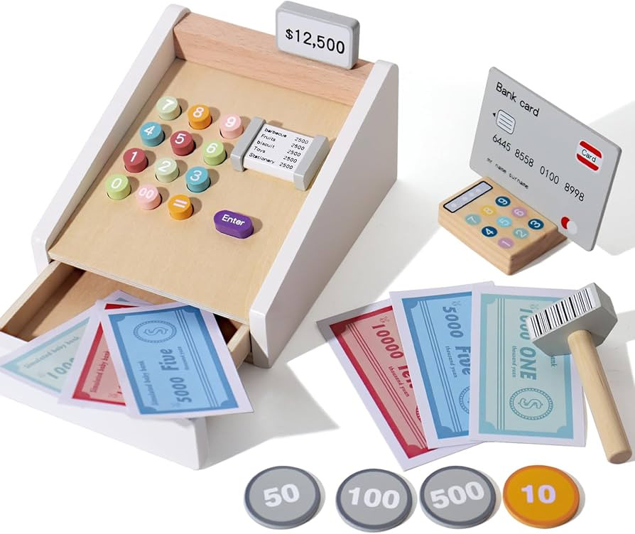 Cash Register Toys Pretend Play Calculator, Credit Card and Scanner Wooden Cash Register Toy Play... | Amazon (US)