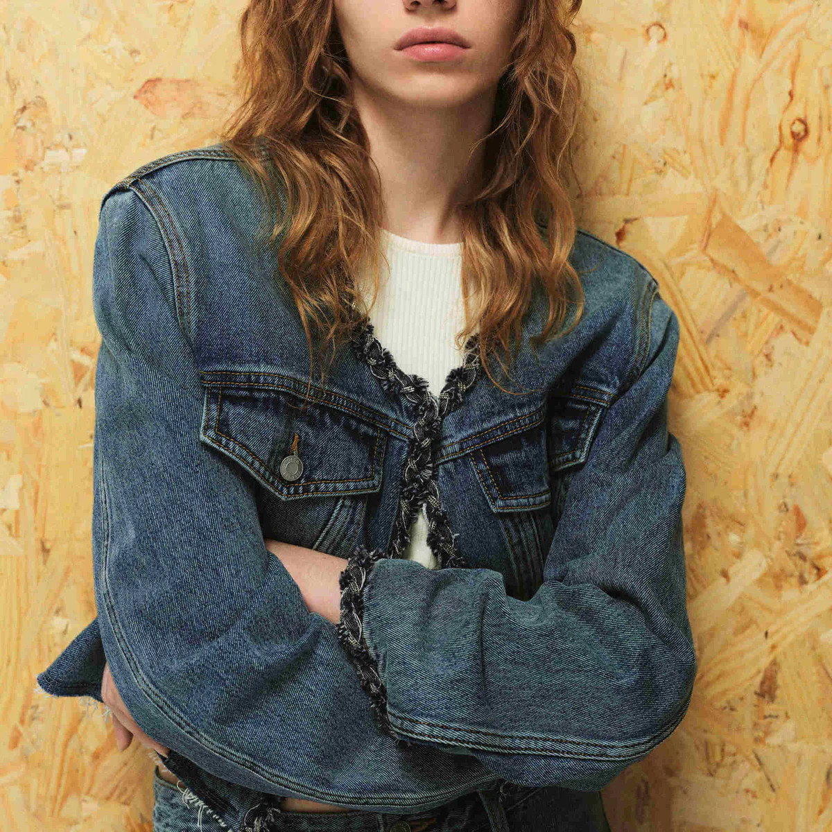 MO&Co. Women's Cropped Collarless Denim Jacket | MO&Co.