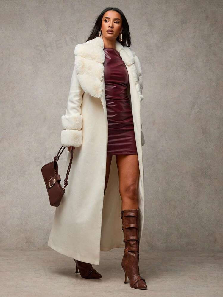 SHEIN BAE Women's Solid Color Fluffy Shawl Collar Long Sleeve Long Elegant Wool Blend Coat, Vinta... | SHEIN