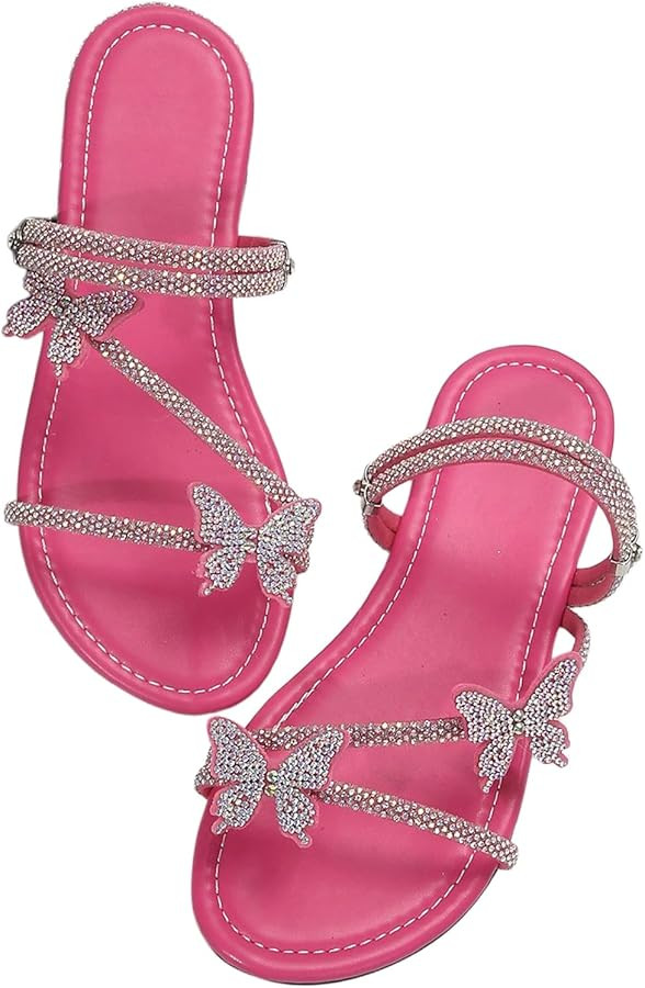 Floerns Women's Elegant Rhinestone Butterfly Transparent Elastic Strap Summer Flat Sandals | Amazon (US)