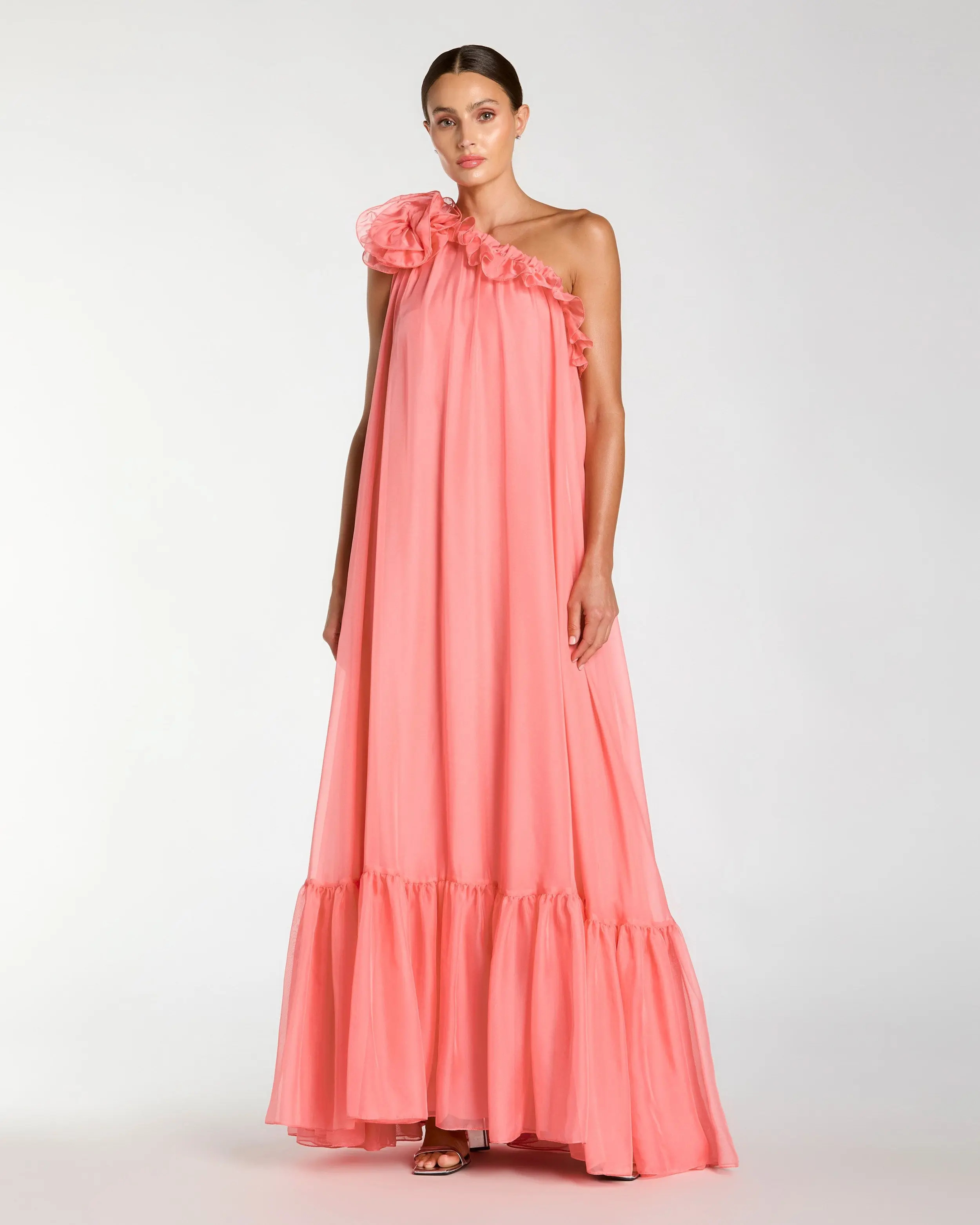 Pink One Shoulder Chiffon Gown With 3D Rosette | Mac Duggal | Mac Duggal