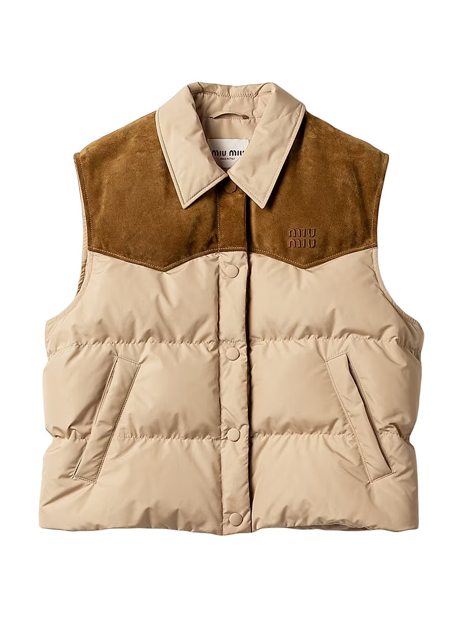 Women's Technical Pongé and Leather Down Vest - Beige Khaki - Size 4 | Saks Fifth Avenue