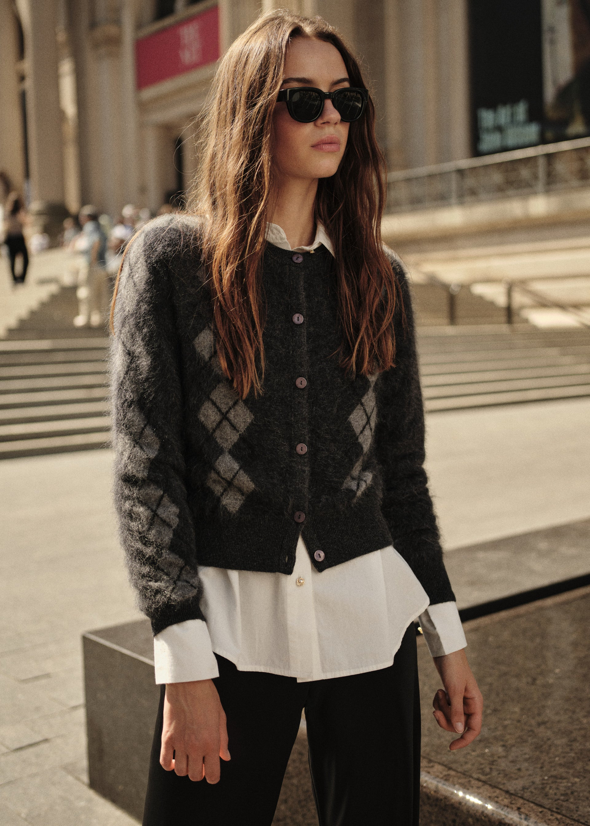 Dorian Cashmere Cardigan Gray Argyle | CAMI NYC