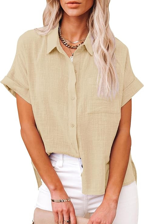 Womens Button Down Shirts Cotton Short Sleeve Summer Blouses V Neck Collared Linen Beach Casual T... | Amazon (US)