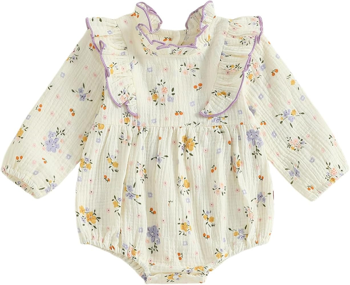 Emmababy Linen Bubble Romper Baby Girl Floral Smocked Romper Long Sleeve Ruffle Bodysuit Newborn ... | Amazon (US)