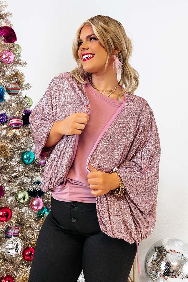 Ritzy Bliss Sequin Cardigan In Blush Curves | Impressions Online Boutique