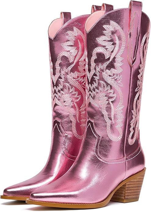 GOSERCE Cowboy Boots for Women - Metallic Mid Calf Cowgirl Boots with Embroidery Sparkly Western ... | Amazon (US)