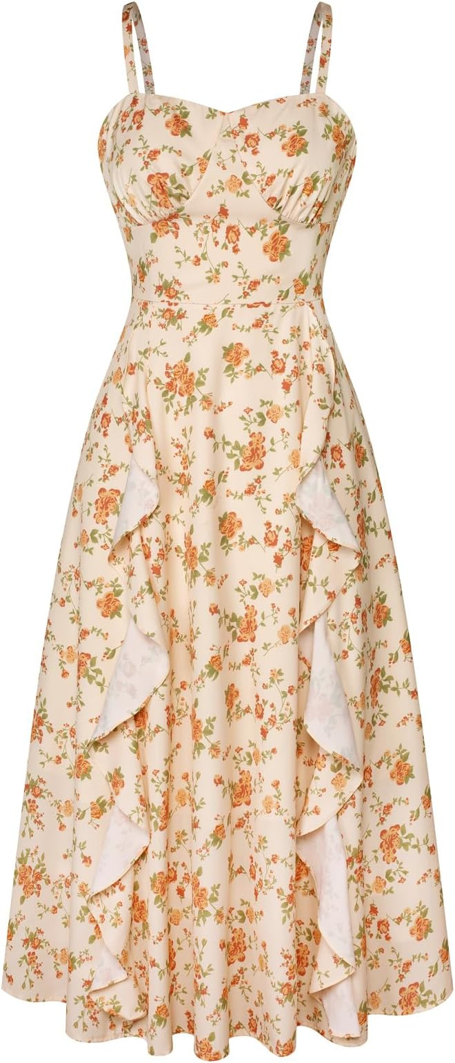 Belle Poque Sun Dresses for Women Spring Summer Floral Midi Flowy Spaghetti Ruffle Wedding Guest ... | Amazon (US)