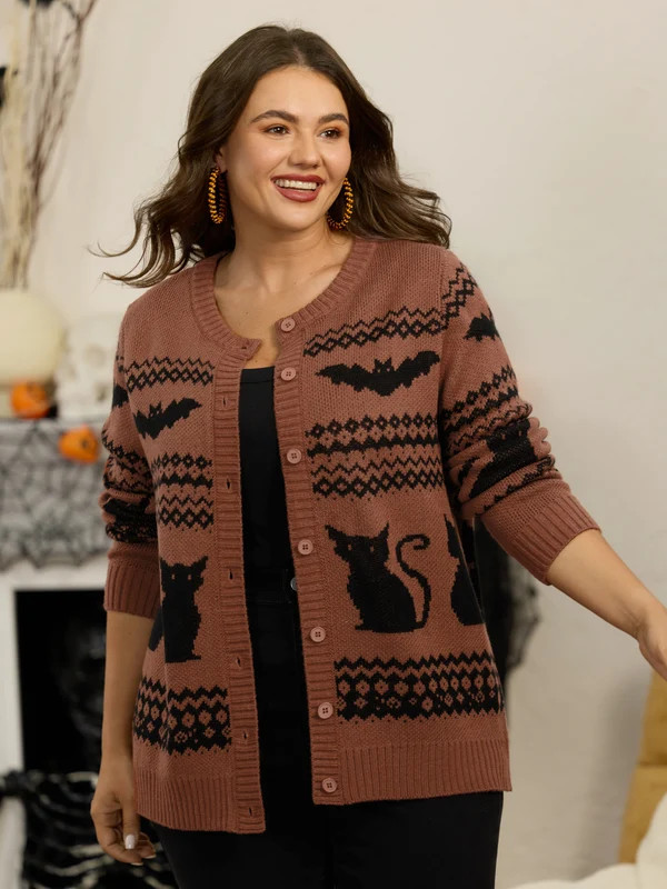 Cat Bat Geometric Jacquard Button Front Cardigan | Bloomchic
