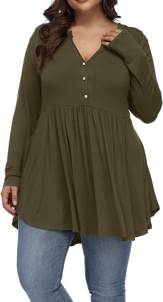 ALLEGRACE Women's Plus Size Henley V Neck Button Tunic Tops Long sleeve Swing Flowy Shirts | Amazon (US)