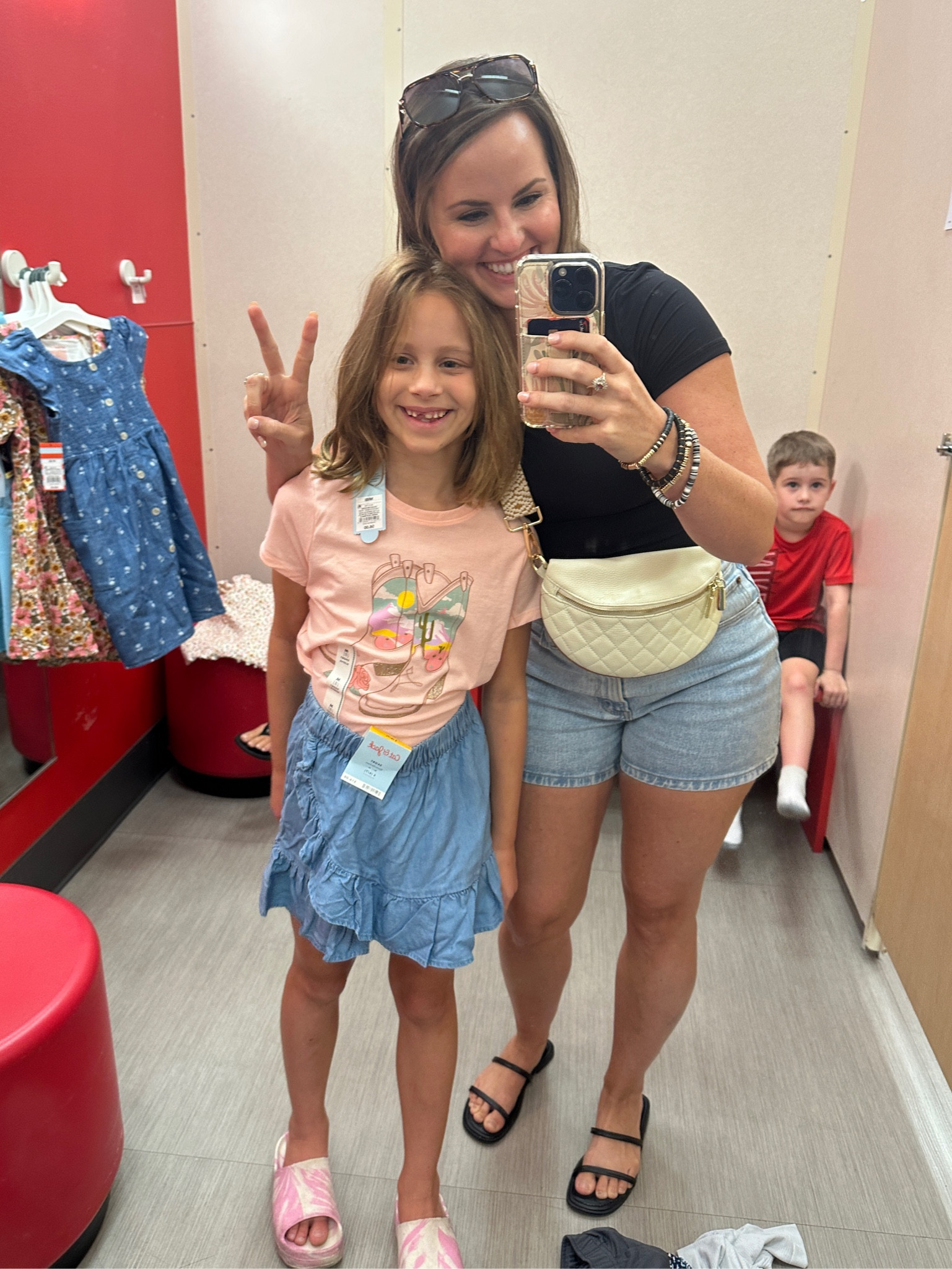 Found the cutest little girls chambray skort & $5 graphic tees at target while back to school shopping! This will be her outfit for open house/meet the teacher. 

Linked my casual outfit as well. My favorite classic pair of denim shorts from Abercrombie & a new Amazon top I’m loving! Size m. 

#LTKBacktoSchool #LTKKids #LTKFamily