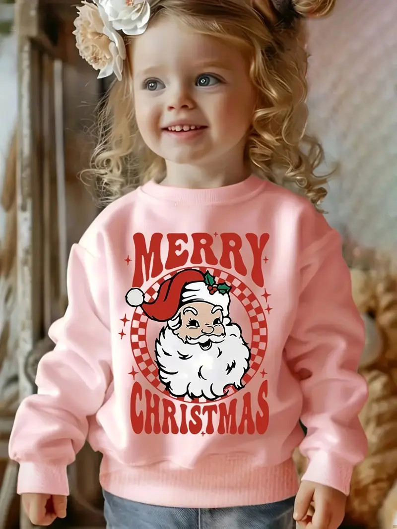 Cozy & Cute Girls' Christmas Santa Cartoon Print Sweatshirt - Soft Polyester, Long Sleeve, Round ... | Temu Affiliate Program