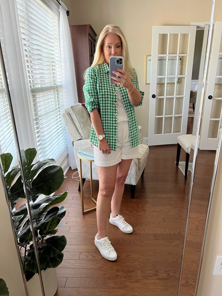 At home casual Masters party outfit. It warmed up to 80 degrees so I put on shorts knowing I’d be outside half the time. Size M in top. 

#LTKparties #LTKover40 #LTKfindsunder50