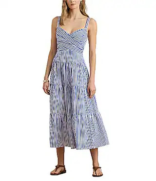 Lauren Ralph Lauren Cotton Striped Sweetheart Neck Sleeveless A-Line Midi Dress -  14 | Dillard's