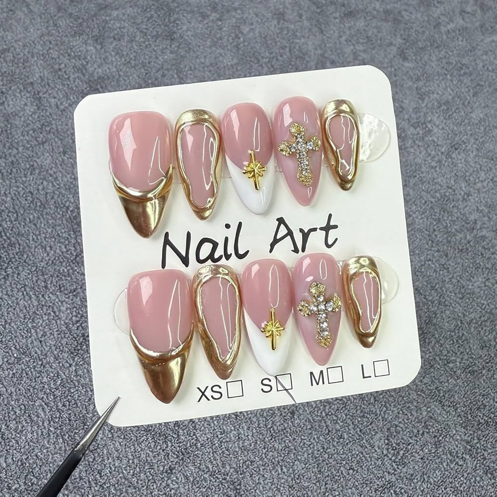 Handmade Fake Nails Medium Almond Press on Nails Rhinestones 3D Gold Curve Line False Nail French... | Amazon (US)