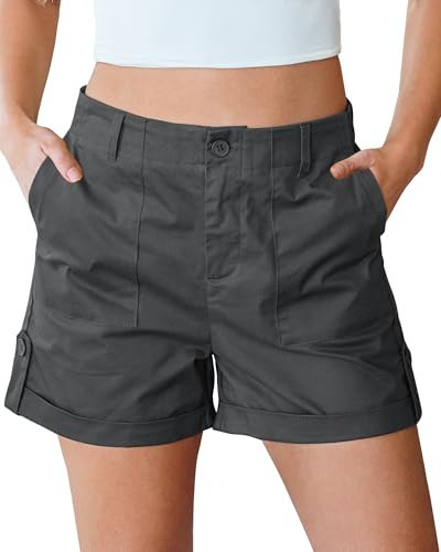 luvamia Shorts for Women High Waisted Dressy Casual Summer Elastic Waist Comfy Rolled Hem Stretch Twill Shorts with Patch Pockets Cute Summer Clothes Gray Size Medium Fits US 8-10 | Amazon (US)