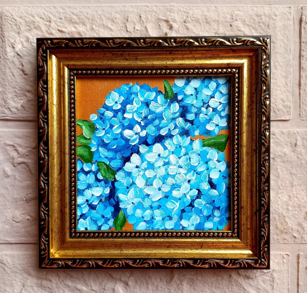 Original Hydrangea Oil Painting: Blue Floral Bouquet, Golden Frame | Etsy (US)