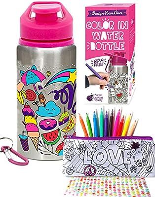 Purple Ladybug Color Your Own Water Bottle for Girls with 10 Bright Markers, Rhinestone Gem Stick... | Amazon (US)