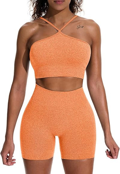 HYZ Women's Workout 2 Piece Outfits High Waist Running Shorts Seamless Gym Yoga Crop Top Bra Sets | Amazon (US)