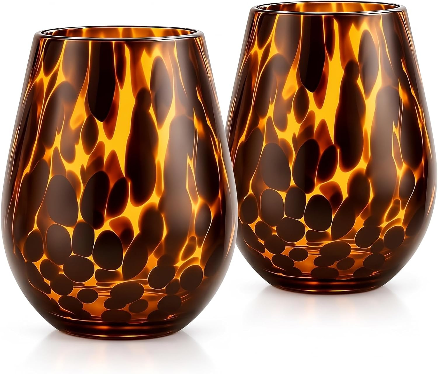 SiliFine Set of 2 Tortoise Shell Stemless Wine Glasses, 16oz Vintage Brown Decorative Glassware, Aesthetic Hand Blown Leopard Print Drinkware for Cocktail, Gin, Gifts for Party, Housewarming | Amazon (US)