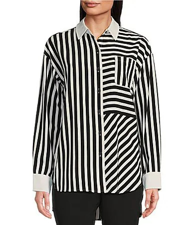KARL LAGERFELD PARIS Collared Button Down Stripe Long Sleeve Top - M | Dillard's