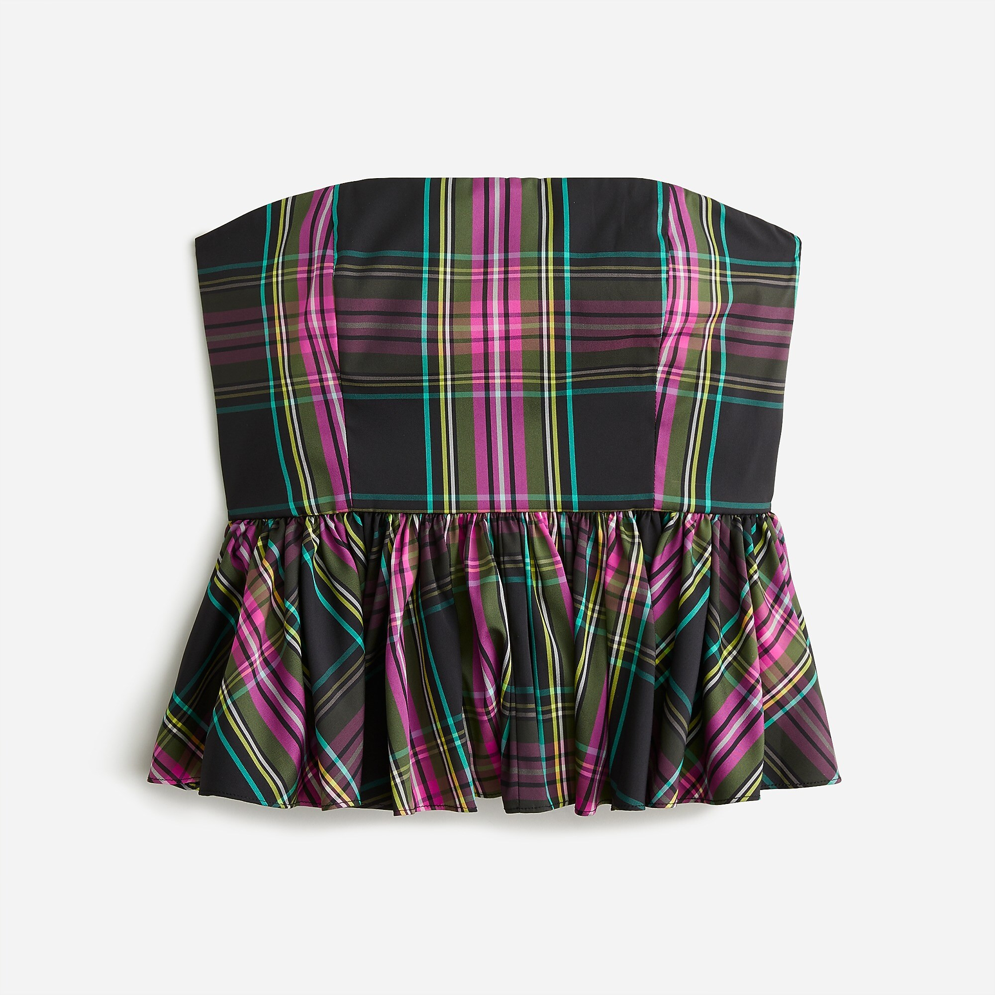 Strapless taffeta peplum top in pink Stewart tartan | J. Crew US