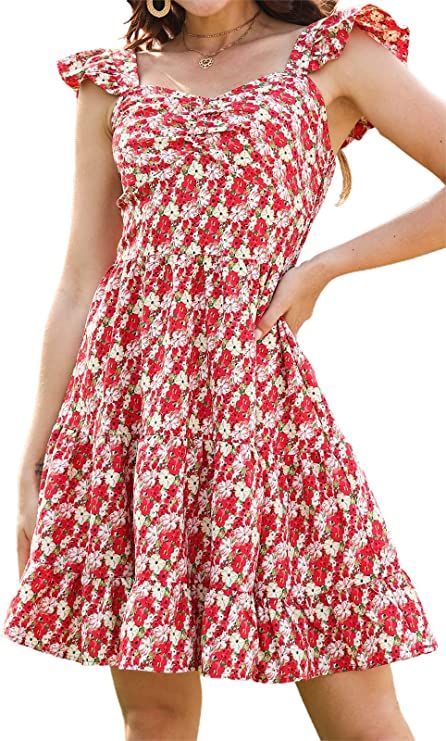 PRETTYGARDEN Women's Casual Summer Dress Floral Boho Ruffle Strap Tiered Mini Short Aline Beach S... | Amazon (US)