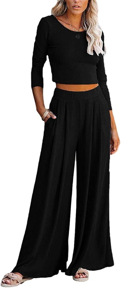 Lveberw Lounge Set Womens, Outfits Sets, Ribbed Crop Top Long Sleeve, Palazzo Pants - Loose Sweat... | Amazon (US)