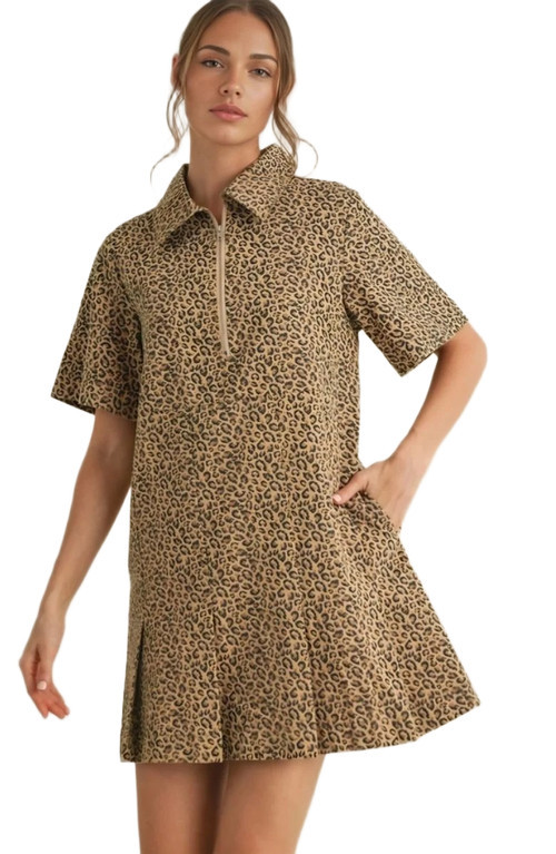 Knit and Lounge Leopard Print Zip Front Structured Collar Mini Dress at Nordstrom, Size Small | Nordstrom