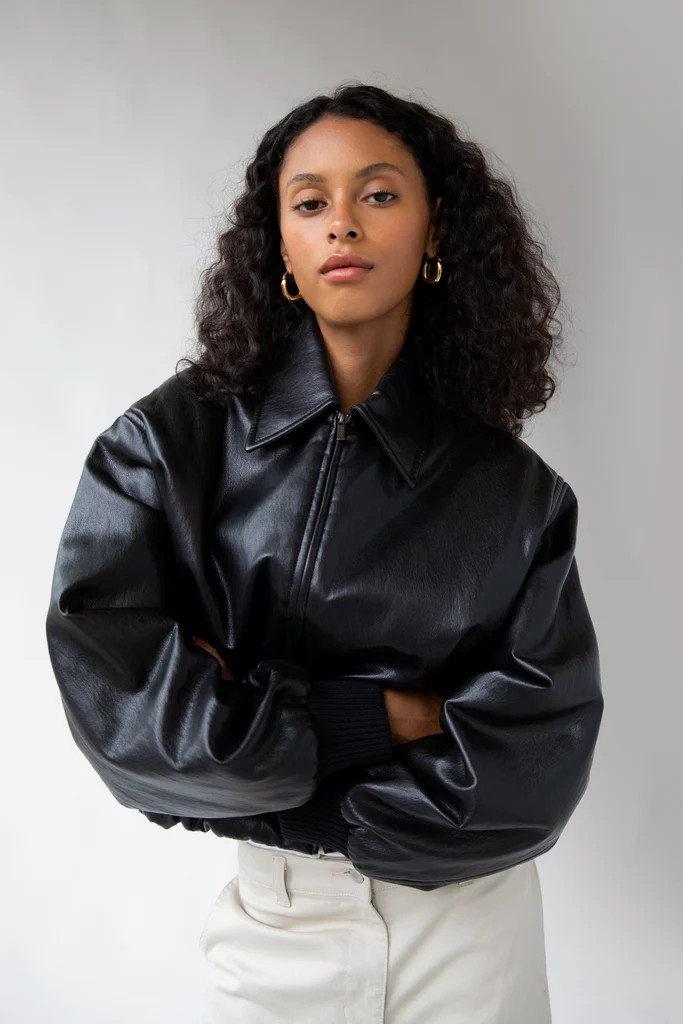 VEGAN LEATHER BUBBLE HEM BOMBER JACKET | OAK + FORT