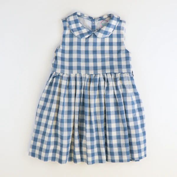 Sunday Brunch Dress - Dusty Blue Check Linen | Southern Smocked Co.