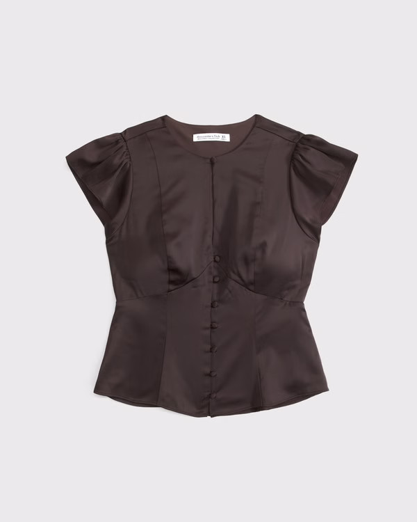 Bra-Free Flutter Sleeve Satin Keyhole Blouse | Abercrombie & Fitch (US)