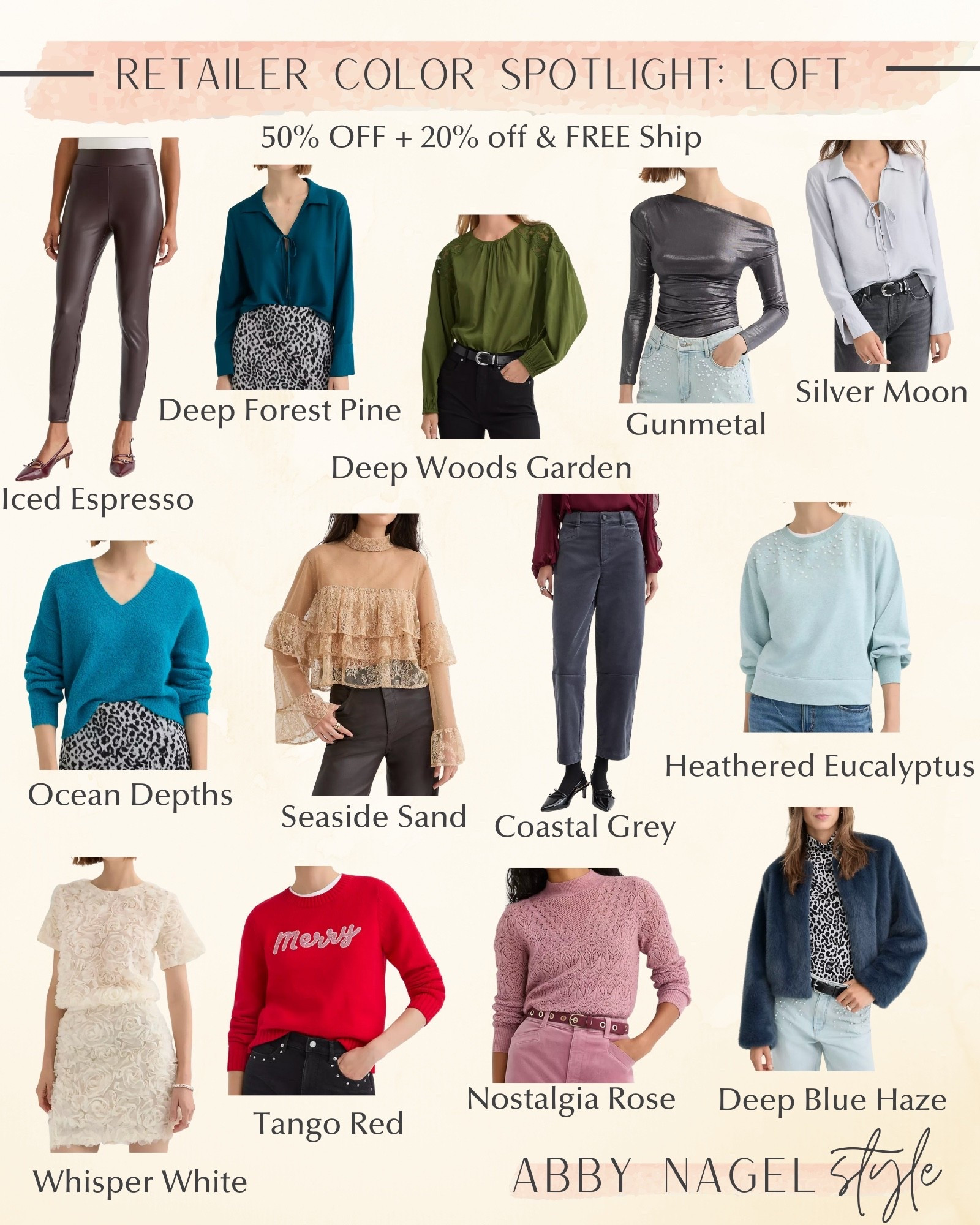 Iced espresso, deep forest pine, ocean depth, seaside sand, and deep wooden garden for Autumns. 

Gunmetal and silver moon for winters. 

Whisper white, silver moon, and tango red for spring

Coastal gray, heathered, eucalyptus, deep forest, pine, nostalgia Rose, deep, blue haze, ocean depths, for summers 

