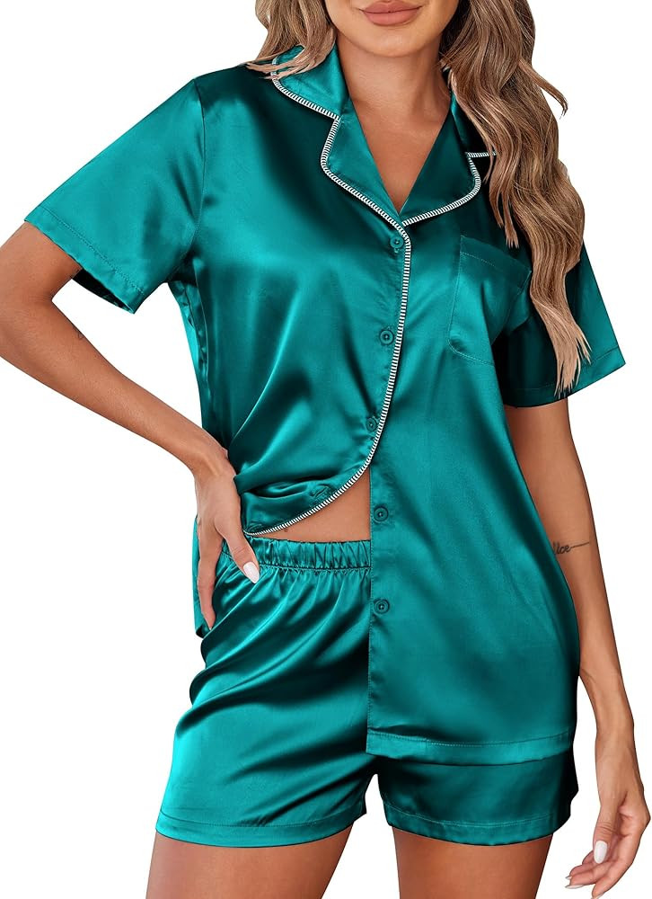 Ekouaer Womens Silk Satin Pajamas Set 2 Piece Pjs Short Sleeve Sleepwear Button Down Top and Shor... | Amazon (US)
