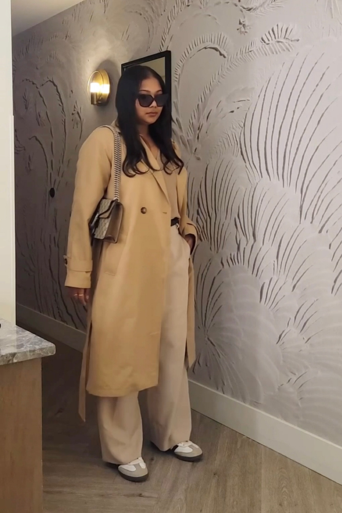 Spring outfit, spring work outfit, Summer Outfit, summer style, summer work outfit, aritzia wide leg effortless pants, beige tailored trousers, beige outfit, neutral outfit, long trench coat, aritzia double-breasted trench coat, classic trench coat, Gucci shoulder bag, brown shoulder bag, adidas samba, Prada sunglasses, quiet luxury, outfit inspiration, smart casual outfit ideas #LTKfindsunder100 

#LTKstyletip #LTKworkwear