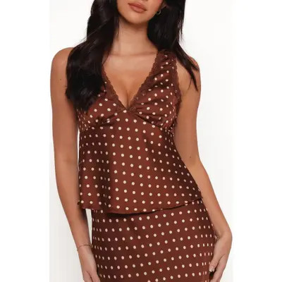 Petal & Pup Kelso Polka Dot Lace Trim Satin Tank in Brown Polka Dot at Nordstrom, Size Small | Nordstrom
