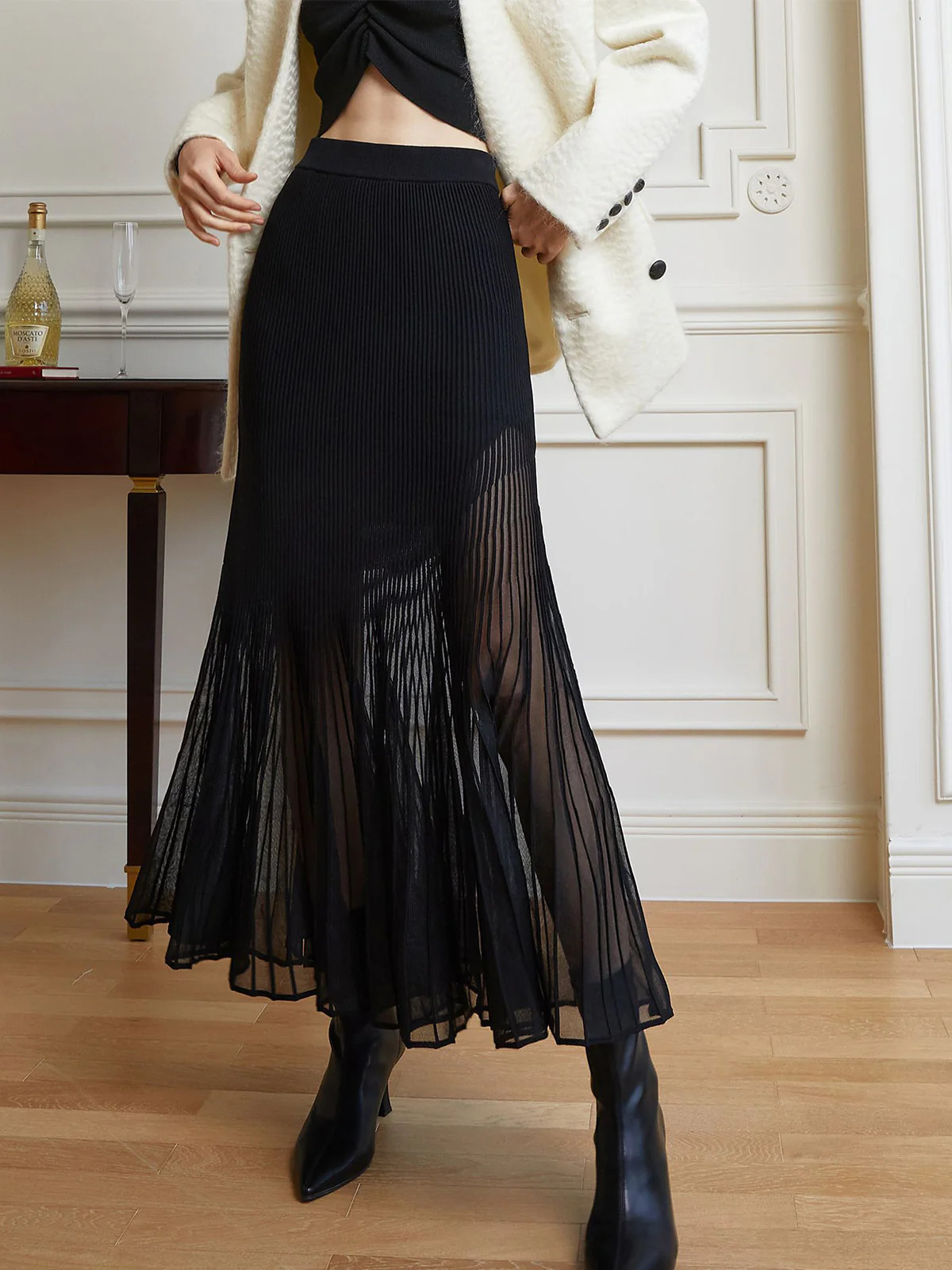 Knit Pleated Semi-sheer Maxi Skirt | Commense