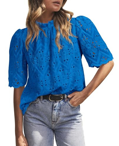 PRETTYGARDEN Summer Tops for Women 2026 Short Sleeve Embroidered Eyelet Shirts Dressy Casual Blou... | Amazon (US)
