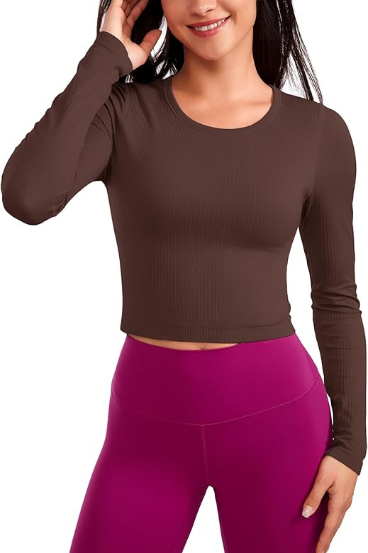 CRZ YOGA Seamless Ribbed Double Lined Long Sleeve Crop Tops for Women Crew Neck Athletic Workout ... | Amazon (US)