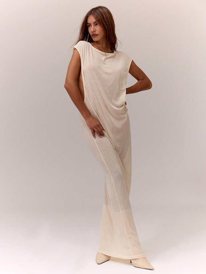 MUSERA Round Neck Extreme Arm Scoop Dress Vacation Summer Sheer Ibiza Outfit, Holiday | SHEIN