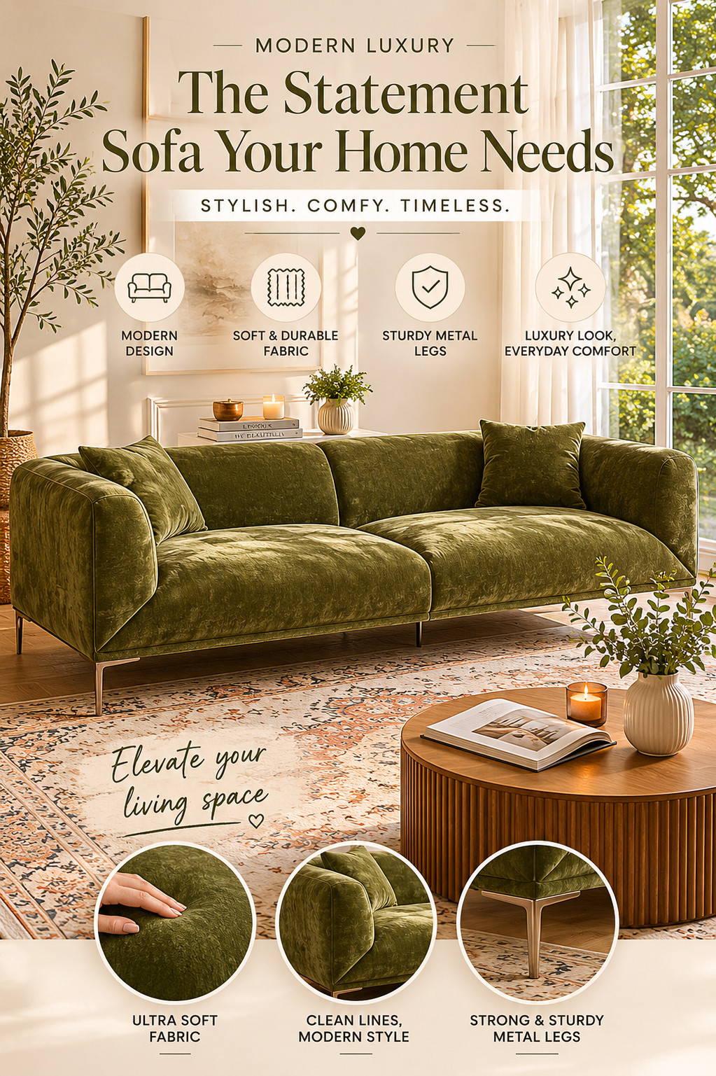 This green sofa is EVERYTHING ✨
The rich olive tone, soft velvet texture, and sleek modern shape make it look straight out of a designer showroom.

It adds so much warmth and luxury to a space without feeling too trendy — timeless, cozy, and elevated all at once 🤎

Definitely one of those pieces that makes your whole home look more expensive instantly.

#ltkhome #luxuryhome #amazonhome #interiordesign #cozyhome 

 #LTKHome