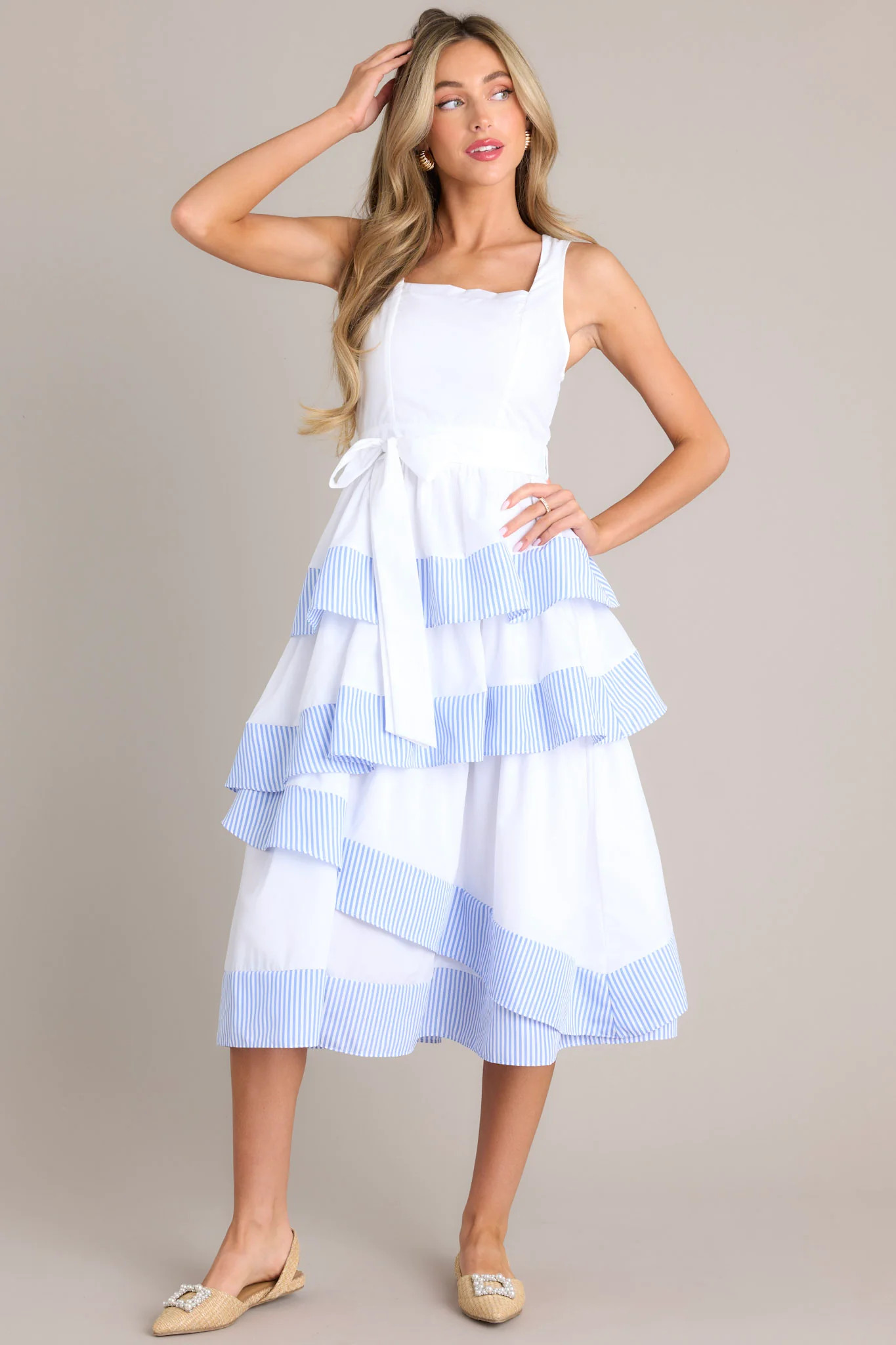 Seeds Of Positivity White & Blue Stripe Midi Dress | Red Dress