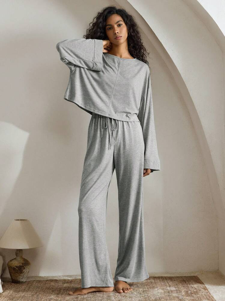 Ocili Leisure 2pcs/Set Women Bamboo Nodes Casual Round Neck Long Sleeve Top & Pants Home Lounge Set, Comfortable & Soft Summer Holiday Season Outfit Cozy And Elegant Details, Fall Winter Clothes | SHEIN