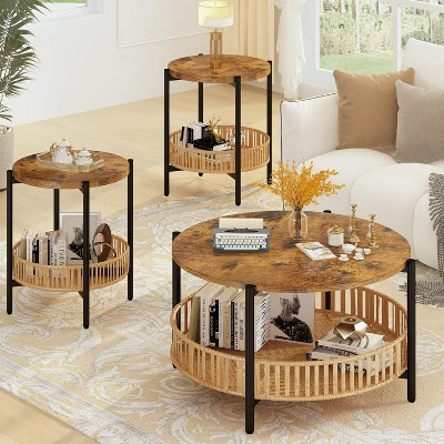 Hooseng Boho Living Room Table Set with Rattan Storage Shelf and Metal Frame, Round Coffee Table and 2 End Side Tables | Target