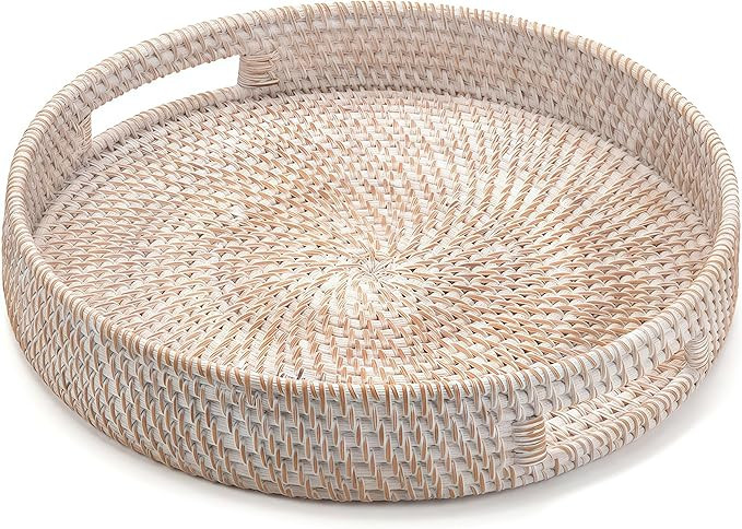 11.8" Round Rattan Tray, Hand Woven Serving Tray with Handles, Wicker Serving Basket, Decorative ... | Amazon (US)