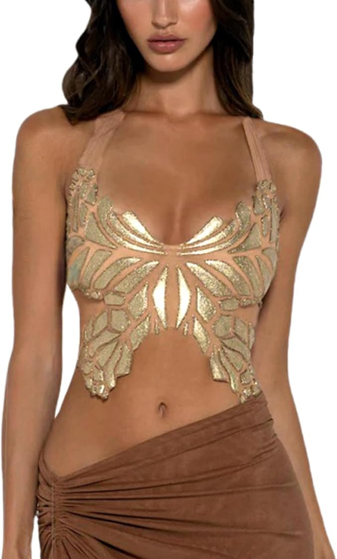 JUMISEE Women Sparkly Rhinestone Butterfly Crop Top Sexy Satin V Neck Bakless Lace Up Cami Tank T... | Amazon (US)