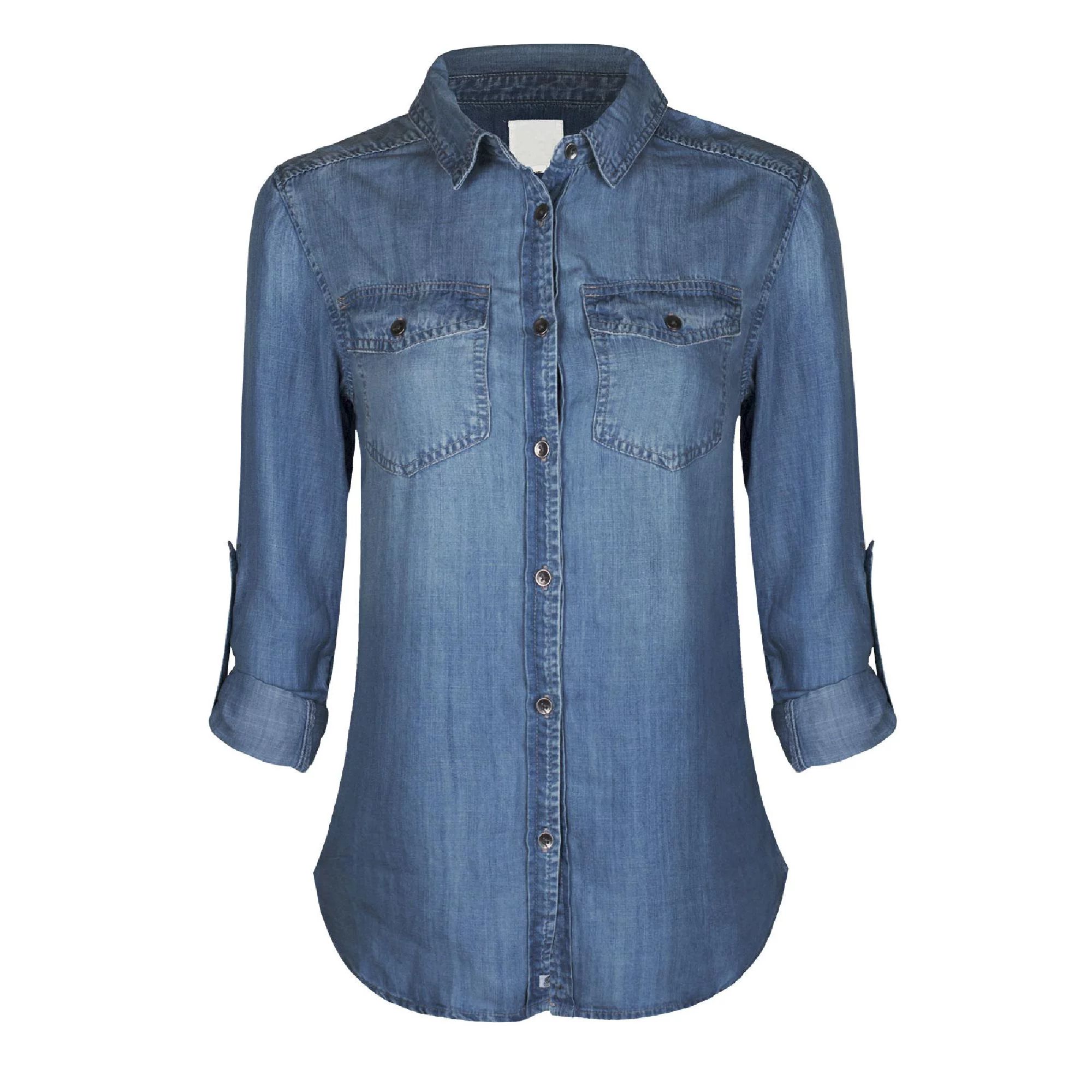 Made by Olivia Women's Classic Long/Roll Up Sleeve Button Down Denim Chambray Shirt | Walmart (US)