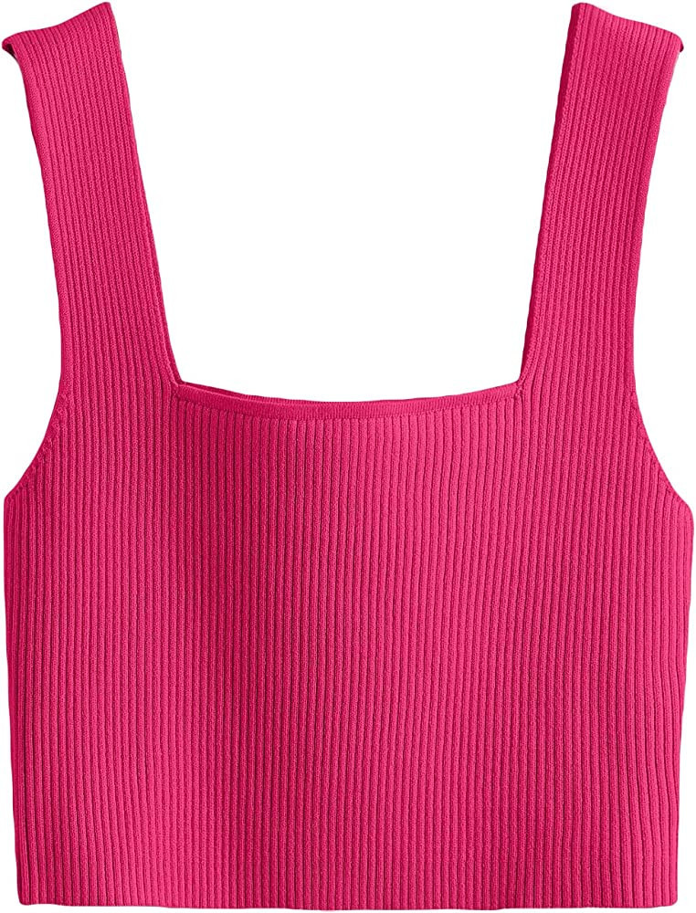 Verdusa Women's Square Neck Hot Pink Top Pink Tank Top Pink Crop Top Cute Tops Cute Summer Outfits | Amazon (US)