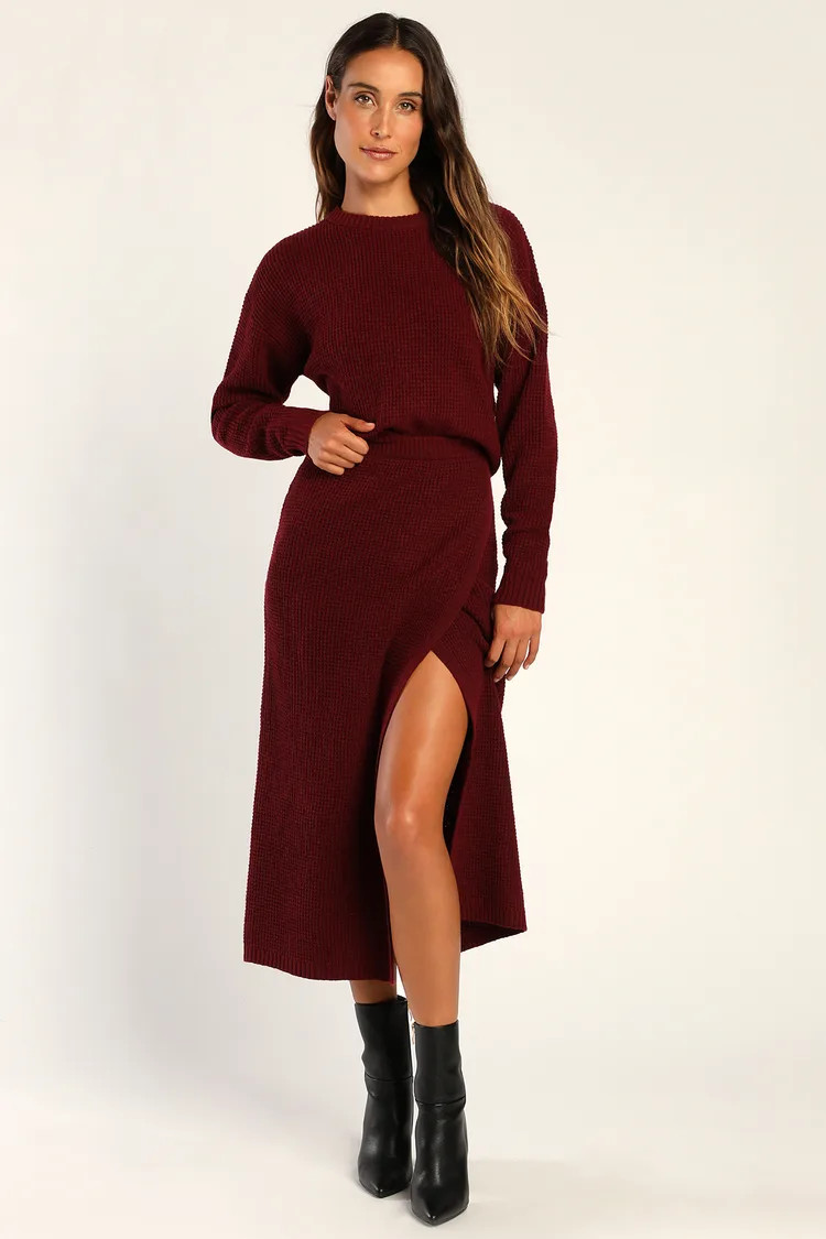 Autumn Sweetheart Burgundy Waffle Knit Two-Piece Sweater Dress | Lulus